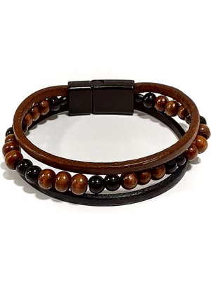 Herşey Nota Kahverengi Boncuklu Hakiki Deri Erkek Bileklik | Mıknatıslı Metal Tokalı Şık Tasarım