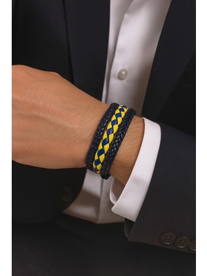 Herşey Nota Sarı-Lacivert Hakiki Deri Taraftar Erkek Bileklik Kombini-Mıknatıslı Metal Tokalı Takım Tasarım