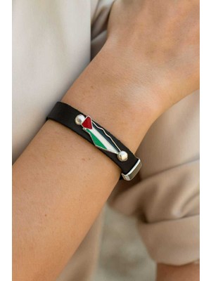 Herşey Nota Filistin Harita Suni Deri Bileklik – Çıtçıtlı Ikili Unisex Model