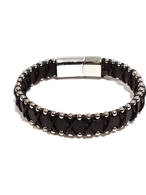 Herşey Nota Siyah Hakiki Deri Gümüş Boncuk Detaylı Erkek Bileklik – Mıknatıslı Metal Tokalı Şık Tasarım