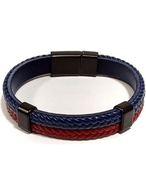 Herşey Nota Lacivert Kırmızı Örgü Hakiki Deri Erkek Bileklik | Mıknatıslı Metal Tokalı Spor ve Şık Tasarım