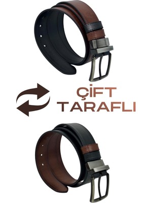 Kahverengi / Siyah Çift Taraflı Suni Deri 4 Cm. Genişlik Dönerli Tokalı Spor Erkek Kemer - 7110-13
