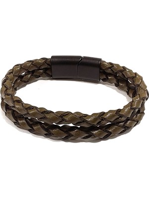 Herşey Nota Haki Çift Sıralı Örme Hakiki Deri Erkek Bileklik | Mıknatıslı Metal Tokalı Modern ve Şık Tasarım