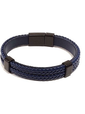 Herşey Nota Lacivert Balıksırtı Örgülü Hakiki Deri Erkek Bileklik | Mıknatıslı Metal Tokalı Şık Tasarım