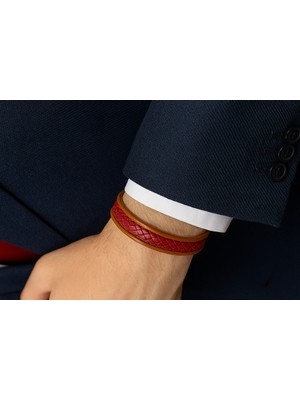 Herşey Nota Taba ve Bordo Renkli Hakiki Deri Örgülü Erkek 3’lü Bileklik Seti-Mıknatıslı Metal Tokalı Kombin