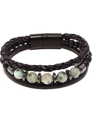 Herşey Nota Gri Doğaltaşlı Siyah Hakiki Deri Erkek Bileklik | Mıknatıslı Metal Tokalı Modern ve Şık Tasarım