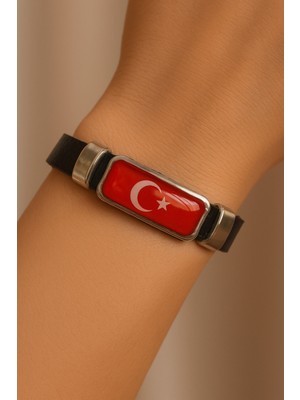 Herşey Nota Ay Yıldız Kırmızı Bayrak Figürlü Siyah Deri Bileklik | Unisex, Şık ve Ayarlanabilir Model