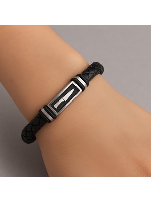 Herşey Nota Bıçak Figürlü Unisex Örme Deri Bileklik – Paslanmaz Çelik Detaylı Asi Tasarım
