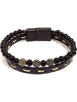 Herşey Nota Siyah Hakiki Deri ve Boncuklu Erkek Bileklik – Mıknatıslı Metal Tokalı Şık Kombin Tasarım