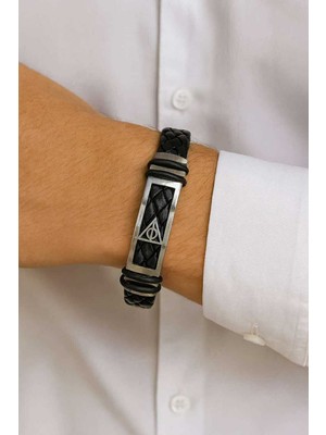 Herşey Nota Harry Potter Ölüm Yadigarları Üçgen Sembol Gümüş Renk Deri Bileklik – Unisex Film Temalı Takı