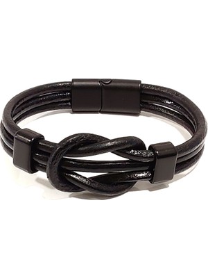 Herşey Nota Siyah Erkek Deri Düğüm Modelli Bileklik | Hakiki Deri – Mıknatıslı Tokalı Şık Tasarım