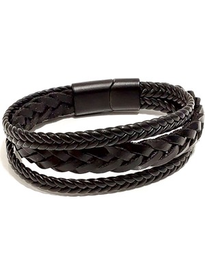 Herşey Nota Siyah Hakiki Deri Balıksırtı Örme 3 Katmanlı Erkek Bileklik – Mıknatıslı Metal Tokalı Şık Tasarım