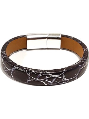 Herşey Nota Siyah Deri Mermer Desenli Erkek Bileklik | Mıknatıslı Metal Tokalı Modern ve Zarif Tasarım