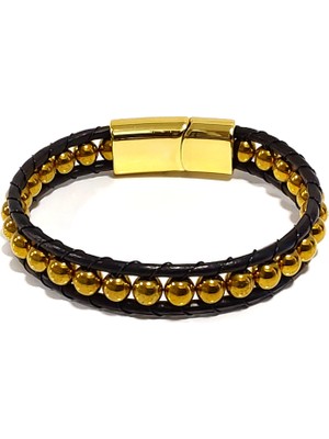 Herşey Nota Siyah Sarı Hematit Taşlı Hakiki Deri Erkek Bileklik | Mıknatıslı Metal Tokalı Modern Tasarım