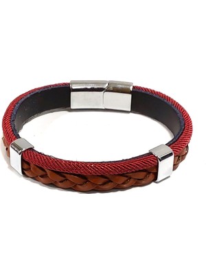 Herşey Nota Yuvarlak Sırım Saç Örgü Kırmızı Kahverengi Deri Unisex Bileklik – El Örgüsü Görünüm, Tek Ebat