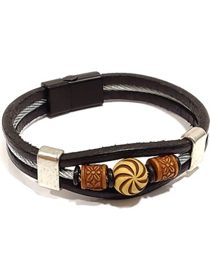 Herşey Nota Siyah Deri Kahverengi Işlemeli Boncuklu Erkek Bileklik – Mıknatıslı Metal Tokalı Şık Kombin Tasarım