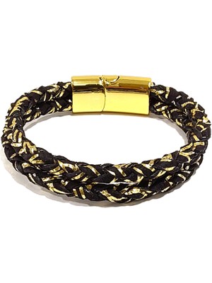 Herşey Nota Siyah Deri Kadın Bileklik – Altın Sarısı Iple Örme Mıknatıslı Metal Tokalı Tasarım