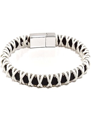 Herşey Nota Siyah Deri Üzerine Beyaz Ip Dolamalı Erkek Bileklik | Mıknatıslı Metal Tokalı Modern Tasarım