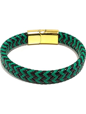 Herşey Nota Yeşil Siyah Örme Hakiki Deri Erkek Bileklik | Mıknatıslı Metal Tokalı Spor ve Şık Tasarım