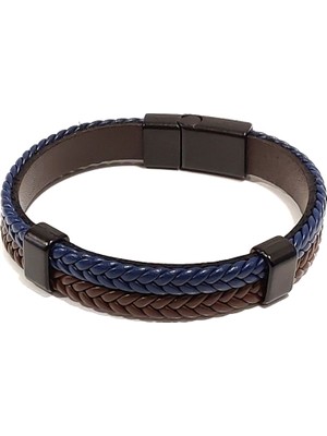 Herşey Nota Lacivert Kahverengi Örgü Hakiki Deri Erkek Bileklik | Mıknatıslı Metal Tokalı Şık ve Modern Tasarım