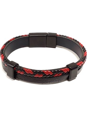 Herşey Nota Kırmızı Siyah Örgülü Siyah Deri Erkek Bileklik | Hakiki Deri – Mıknatıslı Metal Tokalı Tasarım