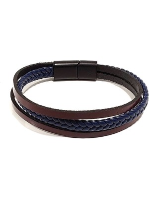 Herşey Nota Mavi Kahverengi Çoklu Örgülü Deri Erkek Bileklik | Mıknatıslı Metal Tokalı Modern Kombin Tasarım