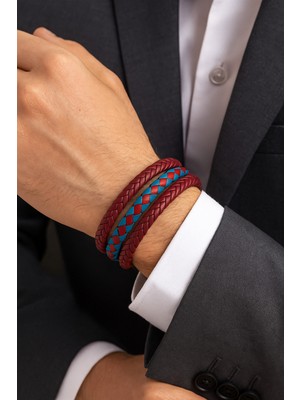 Herşey Nota Bordo-Mavi Hakiki Deri Taraftar Erkek Bileklik Kombini-Mıknatıslı Metal Tokalı Takım Renkli Tasarım