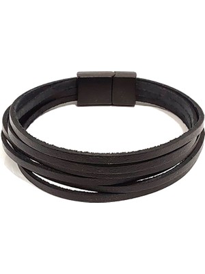 Herşey Nota Ahtapot Kesimli Hakiki Deri Erkek Bileklik | Mıknatıslı Metal Tokalı – Siyah