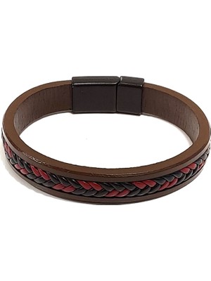 Herşey Nota Kahverengi Deri Siyah ve Kırmızı Burma Örgülü Erkek Bileklik – Mıknatıslı Metal Tokalı Şık Tasarım