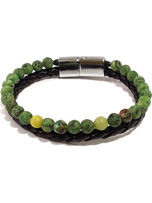 Herşey Nota Yeşil Doğal Taşlı Siyah Örme Deri Erkek Bileklik – Mıknatıslı Metal Tokalı Şık Tasarım