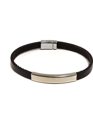 Herşey Nota Metal Plaka Detaylı Siyah Deri Unisex Bileklik – Minimal ve Modern Tasarım, Tek Ebat