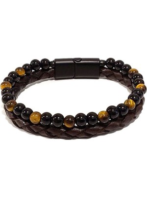 Herşey Nota Kahverengi Örme Doğaltaşlı Hakiki Deri Erkek Bileklik | Mıknatıslı Metal Tokalı Tasarım