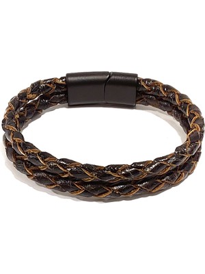 Herşey Nota Kahverengi Örme Hakiki Deri Erkek Bileklik | Mıknatıslı Metal Tokalı Şık El Işçiliği Tasarım