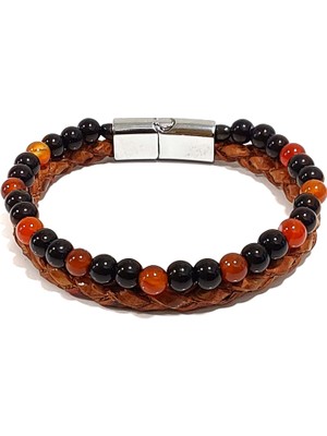 Herşey Nota Kahverengi Siyah Taşlı Deri Örme Erkek Bileklik – Mıknatıslı Metal Tokalı Şık Tasarım