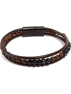 Herşey Nota Kahverengi Örgü Deri ve Boncuk Modelli Erkek Bileklik – Mıknatıslı Metal Tokalı Şık Kombin Tasarım