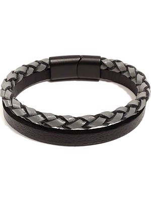Herşey Nota Çift Sıralı Siyah Deri ve Gri Örgülü Erkek Bileklik | Hakiki Deri – Mıknatıslı Metal Tokalı