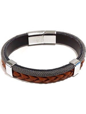 Herşey Nota Kahverengi Gri Örme Deri Unisex Bileklik – Minimal ve Doğal Görünüm, Tek Ebat