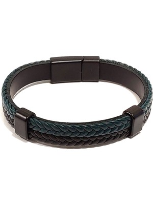 Herşey Nota Lacivert Siyah Balıksırtı Örgülü Hakiki Deri Erkek Bileklik | Mıknatıslı Metal Tokalı Şık Tasarım