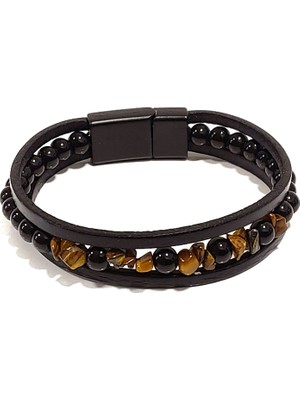 Herşey Nota Siyah Deri Kaplan Gözü Doğal Taşlı Erkek Bileklik – Mıknatıslı Metal Tokalı Şık Tasarım