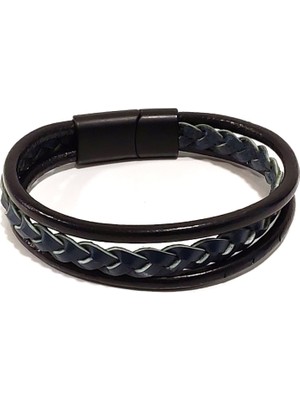 Herşey Nota Lacivert Siyah Hakiki Deri ve Örme Kombin Erkek Bileklik | Mıknatıslı Metal Tokalı Modern Tasarım