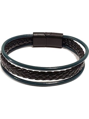 Herşey Nota Lacivert Siyah Örgü ve Deri Kombinli Erkek Bileklik | Hakiki Deri – Mıknatıslı Metal Tokalı Tasarım