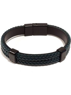 Herşey Nota Erkek Deri Örgü Detaylı Çift Katlı Bileklik | Siyah Hakiki Deri–mıknatıslı Metal Tokalı Tasarım