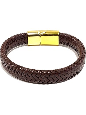 Herşey Nota Koyu Kahverengi Balıksırtı Örgülü Hakiki Deri Erkek Bileklik | Mıknatıslı Metal Tokalı Tasarım