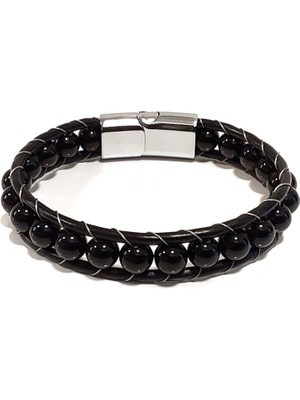 Herşey Nota Siyah Boncuklu Hakiki Deri Erkek Bileklik | Mıknatıslı Metal Tokalı Modern ve Şık Kombin Tasarım