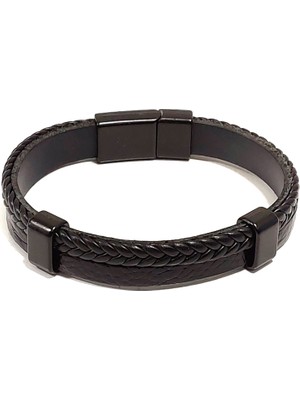 Herşey Nota Çift Sıralı Siyah Örgü ve Hakiki Deri Erkek Bileklik | Mıknatıslı Metal Tokalı Şık Tasarım