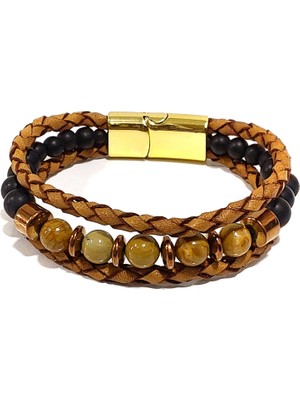Herşey Nota Sarı Doğaltaş Hakiki Deri Erkek Bileklik | Mıknatıslı Metal Tokalı Enerjik ve Şık Tasarım