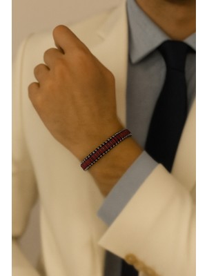 Herşey Nota Bordo Gerçek Deri Erkek Bileklik | Siyah Ip Örgü Detaylı, Mıknatıslı Metal Tokalı TASARIM-1250