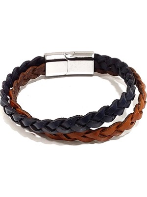 Herşey Nota Kahve Siyah Örgü Derili Erkek Iki Sıralı Sarma Bileklik – Mıknatıslı Metal Tokalı Deri Tasarım