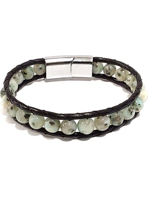 Herşey Nota Gri Doğaltaş Kombin Hakiki Deri Erkek Bileklik | Mıknatıslı Metal Tokalı Şık ve Modern Tasarım