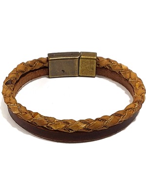 Herşey Nota Erkek Mıknatıs Kilitli Kahverengi Çift Sıra Hakiki Deri Bileklik | Şık ve Dayanıklı Tasarım